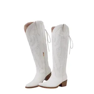 Women’s White Knee High Cowboy Boots Embroidered Western Boots Pointed Toe Block Heel Side Zip Wide Calf