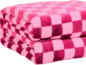 FY FIBER HOUSE Checkered Flannel Fleece Throw Blanket Soft Cozy Checkerboard Grid Print Chessboard Gingham Pattern Blankets for Bed Couch Sofa, 60"x80", Hot Pink