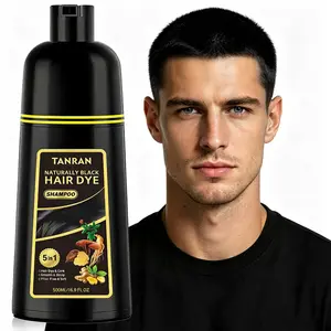 TANRAN Naturally Black Hair Darkening Shampoo 5 in 1 - Hair Dye & Conditioner, Frizz-Free & Shiny, Herbal Root Nourishing 500ml, Ginseng Infused, 10-Minute Application, Salon Results at Home