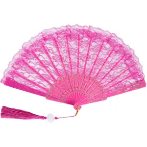 Lace Handheld Folding Fan Embroidered Flower Bridal Hand Fan Chinese Japanese Vintage Fan for 1920s Costume Wedding Dancing Tea Party (1, Hot Red)
