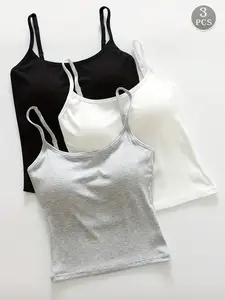 2026 Fashion Women's 3-Piece Ribbed Tank Top Set, Adjustable Straps Padded Bralette, Casual Sleeveless Fitted Top, Pure Color, Daily Wear, Sporty Style