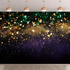 1pc Mardi Gras Backdrop Vibrant Golden Green Glitter Confetti Design Polyester Fabric for Party Wall Decor Live Broadcast