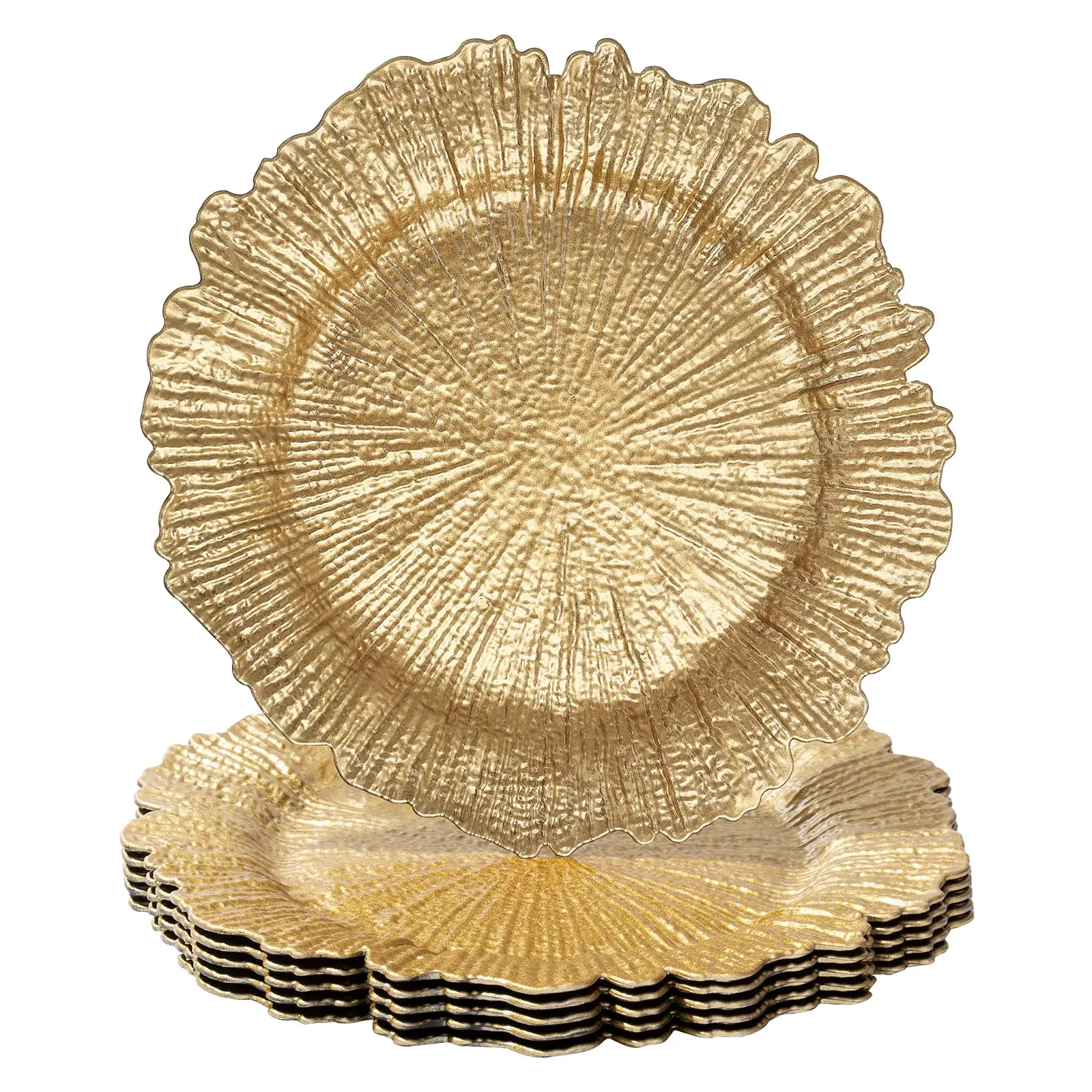 MAONAME 13" Gold Charger Plates Set of 100, Round Reef Plate Chargers Bulk | Gold Plate Chargers for Dinner Plates, Reef Charger Plates Bulk Wedding, Plastic Table Chargers for Party, Banquet, Christmas