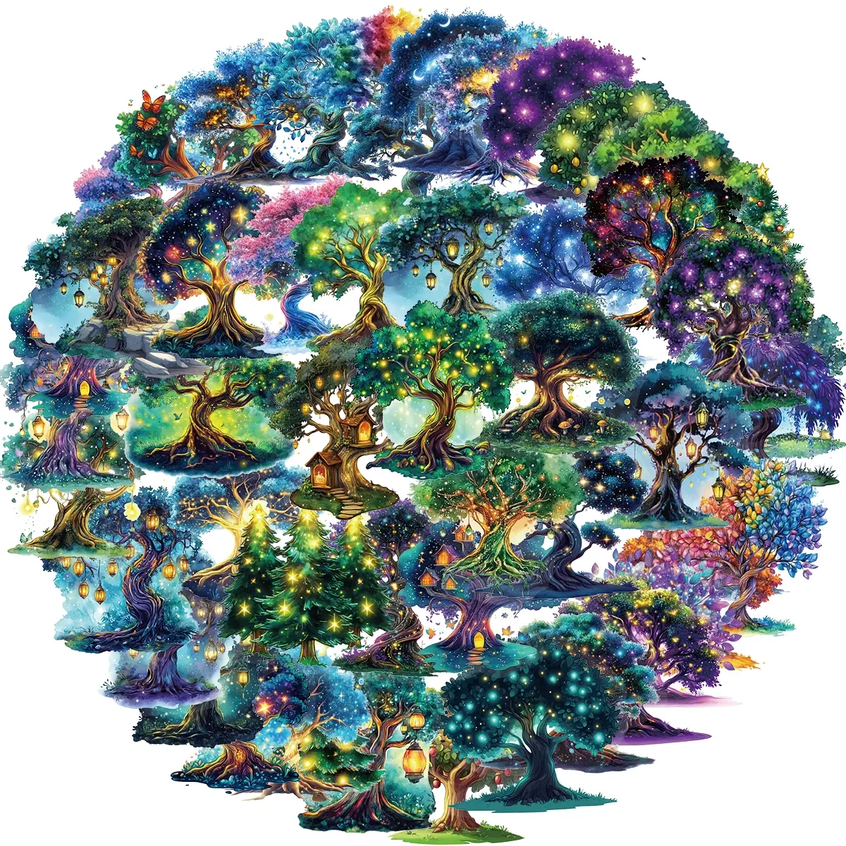 50-Piece Green Magic Tree Scrapbook Stickers - Waterproof Fantasy Forest Nature Stickers for Journaling, Scrapbooking, Resin Craft Supplies Sticker Packs, Sticker Set, Sticker Collage Pack, Stickers Kit