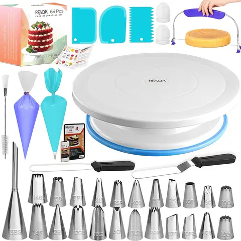 65PCS Reusable Cake Decorating Bakeware Kit for Beginners - Kitchen Plastic/Steel Tools with 11-Inch Turntable, Stand, Leveler, 24 Piping Tips, Spatulas, Scrapers & Instruction Booklet (Star, Smooth Designs)
