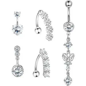ZELORES 5Pcs 14G Hypoallergenic Stainless Steel Women's Belly Button Rings - Reverse Dangle Navel Body Jewelry, Belly Hoops with Sparkling Rhinestones for Daily Wear