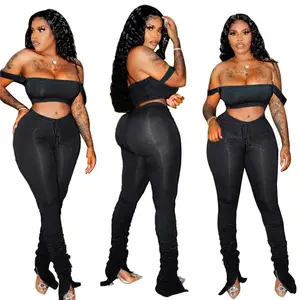 2 Piece Set Skinny Elastic Strapless Tops and Fold Slit Thin Pants