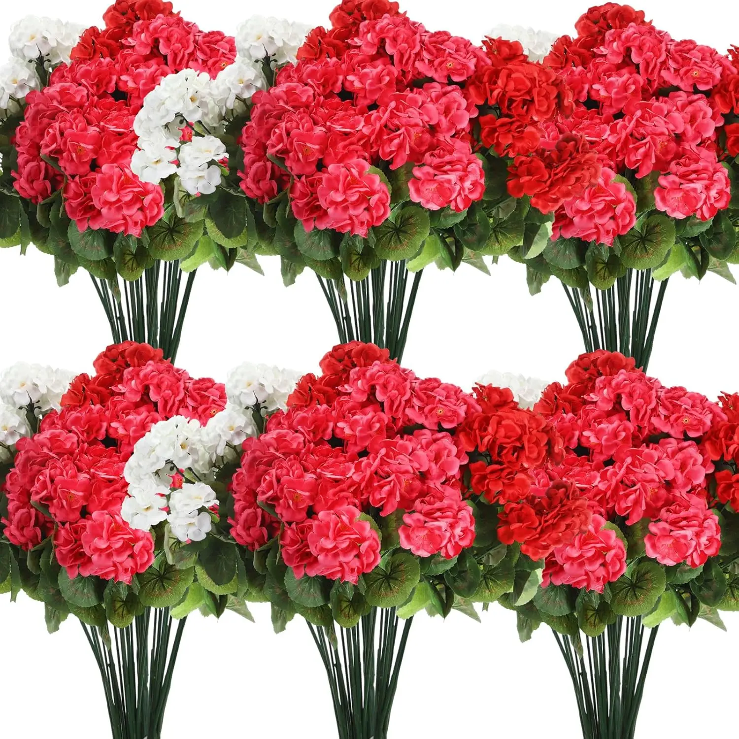 8 Pack 18'' Artificial Geranium Silk Flowers 72 Bushes UV Resistant for Outdoor Garden and Home Decor Ruby Red Deep Pink White