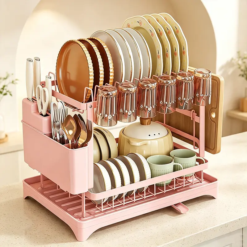 Stainless Steel Expandable 2-Layer Large Bowl & Dish Drying Rack with Drip Board, Durable Easy-Clean Kitchen Counter Organizer for Cups