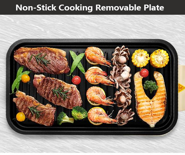 Pukomc Electric Indoor Grill,2 in 1 Indoor Grills for Kitchen with Grill Net & Non-Stick Cooking Removable Plate, Temperature Control, Dishwasher Safe, 1500W Smokeless barbecue Universal Griddle