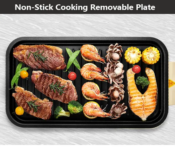 Product Introduction of Pukomc Electric Indoor Grill,2 in 1 Indoor Grills for Kitchen with Grill Net & Non-Stick Cooking Removable Plate, Temperature Control, Dishwasher Safe, 1500W Smokeless barbecue Universal Griddle 3