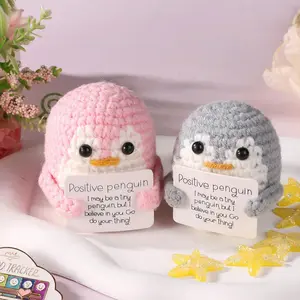 Positive Penguin Decor, Funny Knitted Penguin Desk Ornament with Motivational Cards, Cute Crochet Penguin for Home Decoration and Gifts