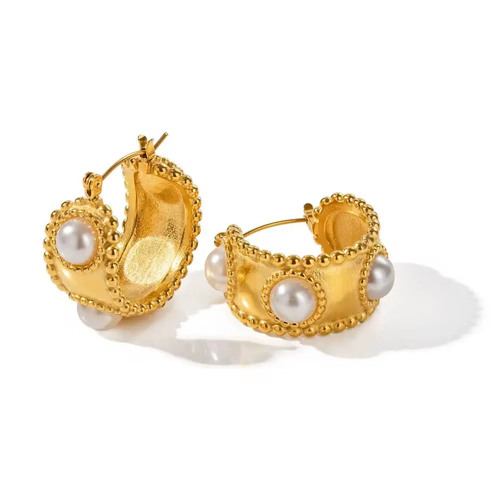 Beaded Pearl Hoop Earrings Water Resistant
