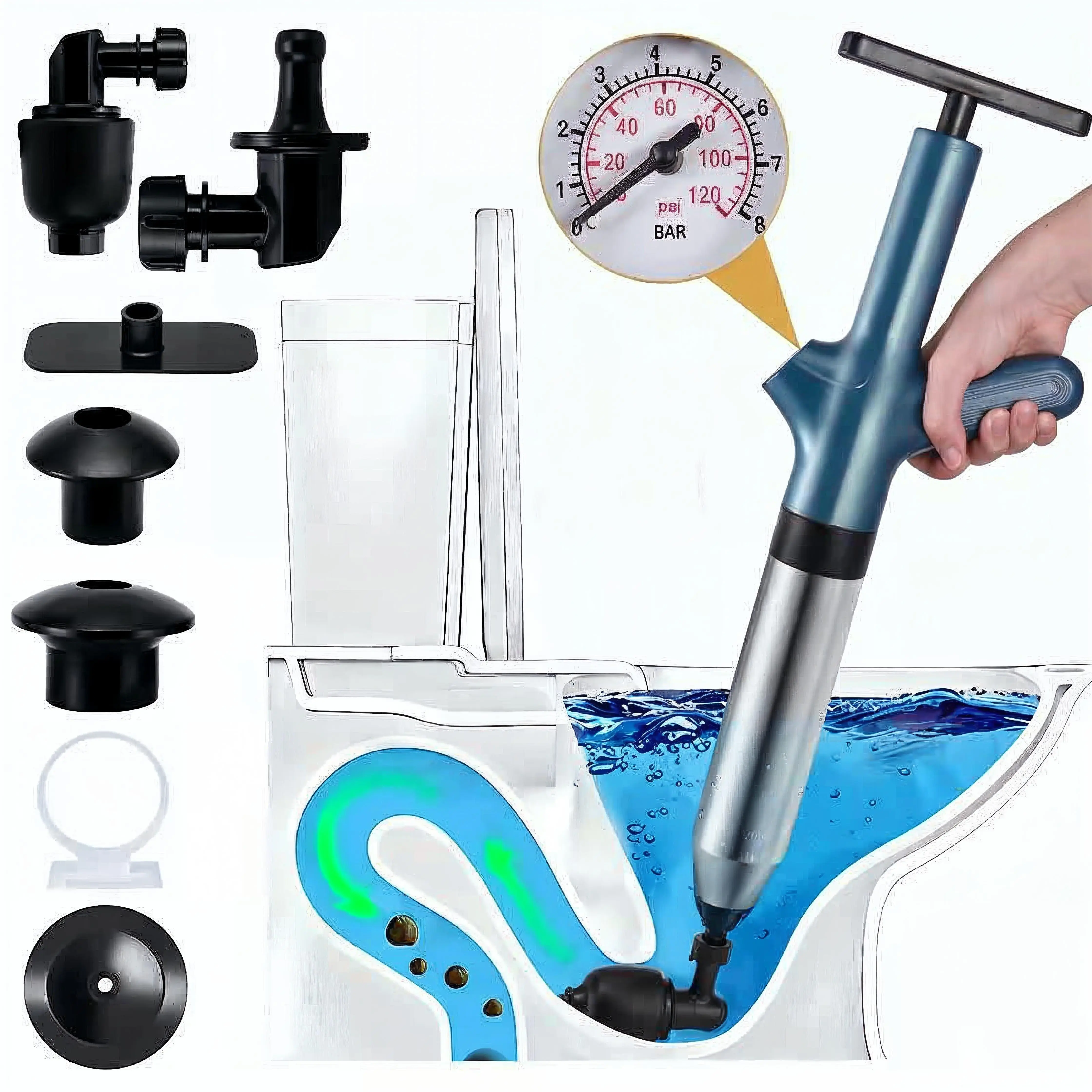 Stainless Steel Toilet Plunger Kit, High Pressure with Real-Time Barometer, Air Drain Blaster Heavy Duty, Plunger for Toilet, Bathroom & Kitchen Sink, Floor Drain Clogged, Home Supplies, Must Have Tool
