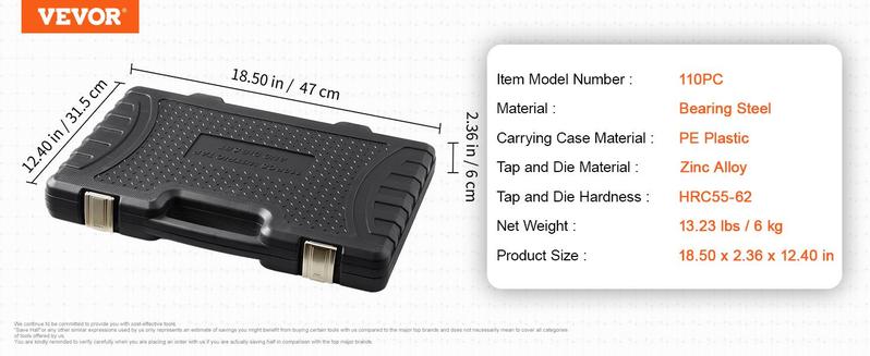 VEVOR Tap and Die Set, TikTokShopBlackFriday, 110-Piece Include Metric Size M2 to M18, Bearing Steel Taps and Dies, Essential Threading Tool for Cutting External Internal Threads, with Complete Accessories and Storage Case