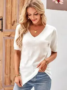 Women's Plain V Neck Ribbed Knit Sweater, Casual Long Sleeve Pullover Jumper for Summer, Fashion Women's Knitwear for Daily Wear, Tops