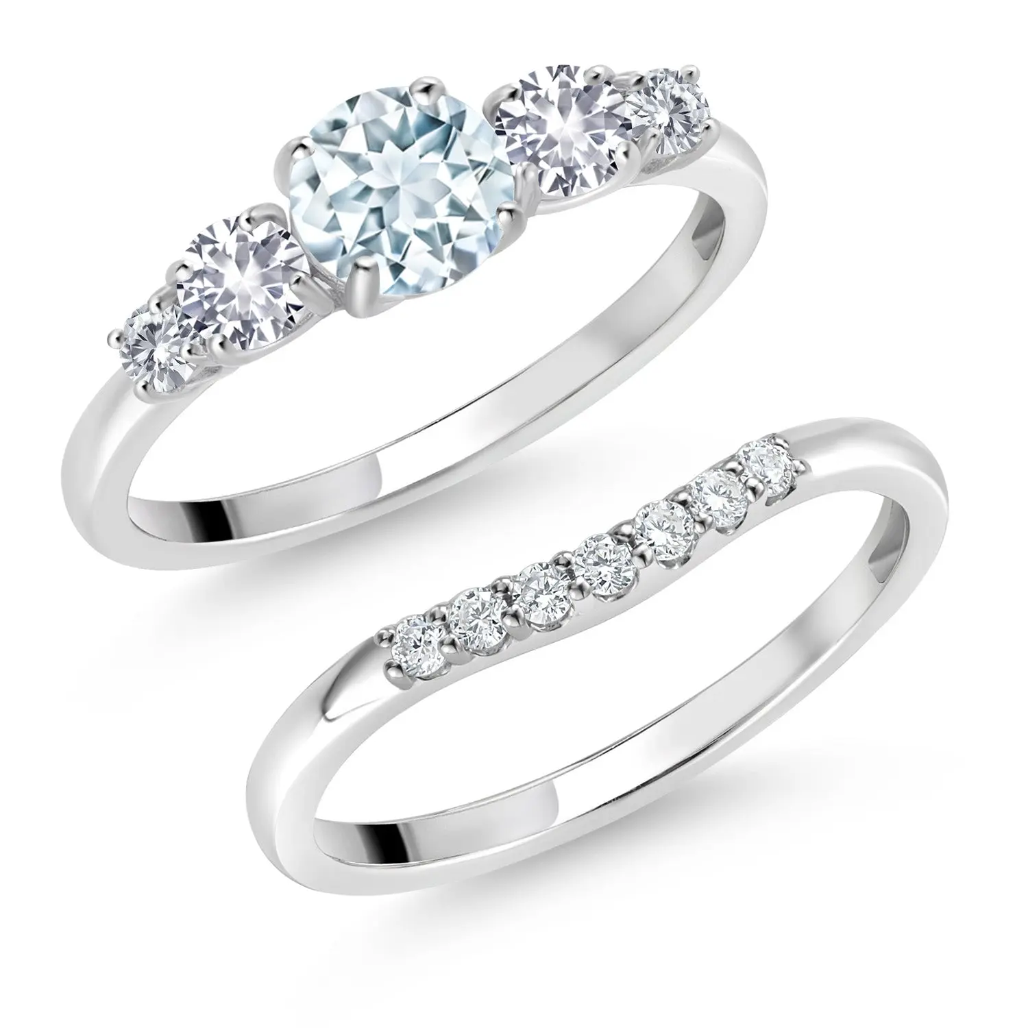 Gem Stone King 10K White Gold Sky Blue Aquamarine White Created Sapphire and White Lab Grown Diamond 5 Stone Bridal Engagement Wedding Ring Set For Women (0.87 Cttw, Round: 5MM and 3MM)