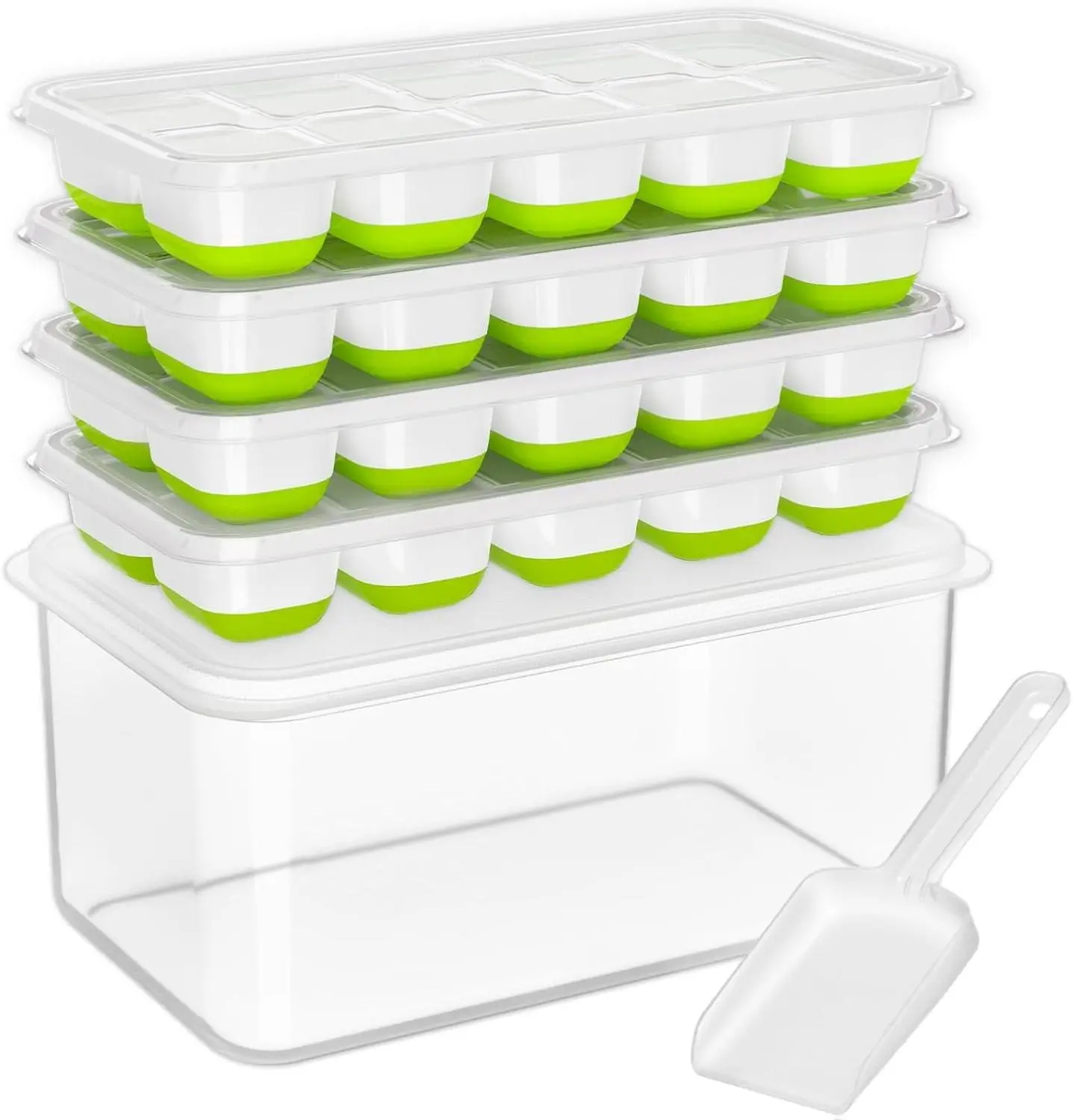 Ice Cube Tray with Lid and Bin, 4 Pack Silicone Plastic Ice Cubes Trays for Freezer with Box/Container, Stackable with Storage Iced Bucket Kits, Scoop, for Soup, Food, Cocktail, Coffee Disposable Utensils Cover Kitchen