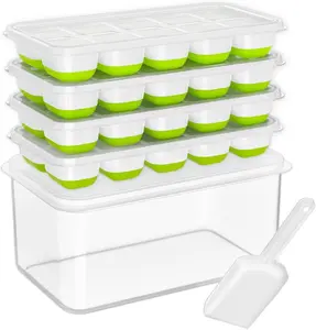 Ice Cube Tray with Lid and Bin, 4 Pack Silicone Plastic Ice Cubes Trays for Freezer with Box/Container, Stackable with Storage Iced Bucket Kits, Scoop, for Soup, Food, Cocktail, Coffee Disposable Utensils Cover Kitchen