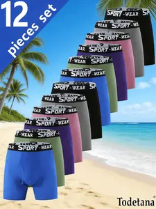 12 Packs Men’s Solid Color & Letter Tape Stretchy Boxer Briefs, Casual Comfy Slim Fit Breathable Moisture Absorption Opening Crotch Underwear for Daily Wear, Men’s Underwear for All Seasons, Athleisure Menswear Undergarments