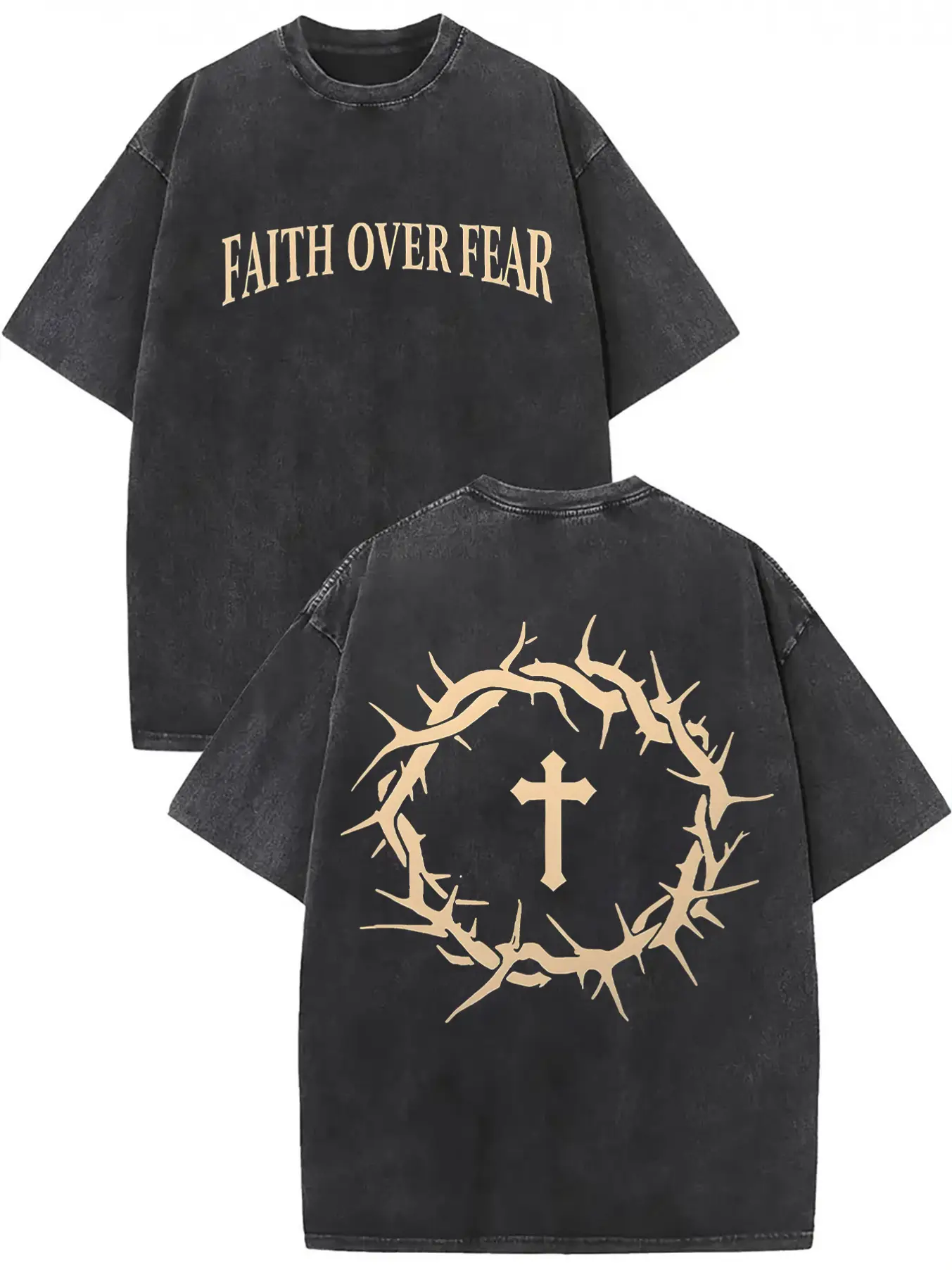 Faith over fear vintage washed high quality cotton printed T-shirt men's T-shirt old summer clothing dropped shoulder sleeves round neck short sleeve