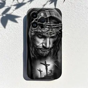 Jesus Cross Pattern Phone Case , Soft Silicone, Fully Protected and Shockproof Cover For iPhone 17 16 15 Pro Max 14 13 12 11 X Plus Air Mini 16E 17E Black