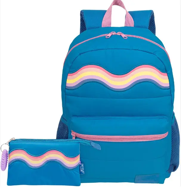Women's Turquoise Wavy Rainbow Puffer Full Backpack & Pouch Bundle, Backpacks for Women