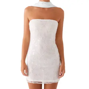 Women Summer Mini Bandeau Dress Sleeveless Off Shoulder Flower Embroidery Tube Top Dress with Scarf