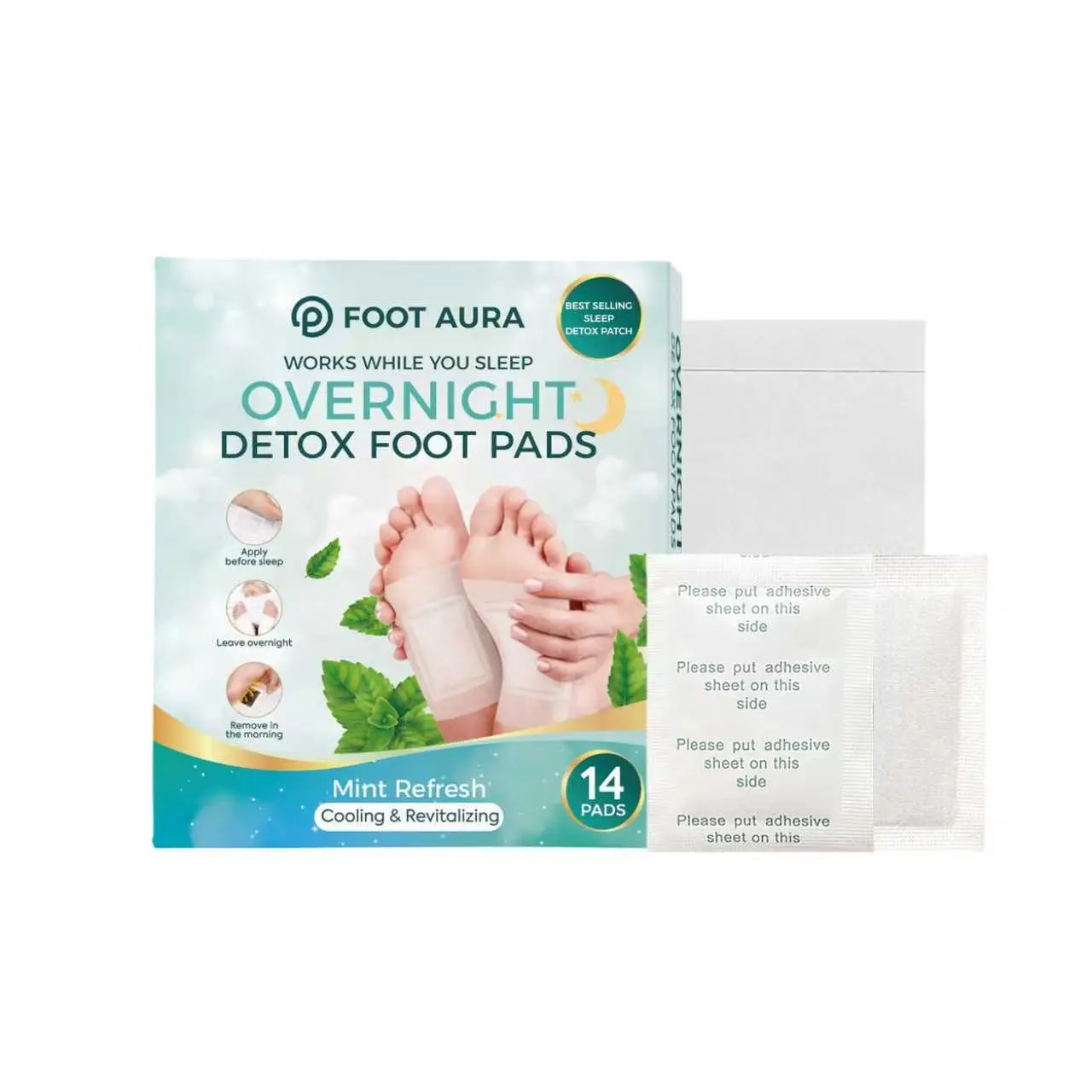 FootAura Overnight Foot Patches – Cooling Relief for Tired Feet – Mint Infused – Refresh, Revitalize & Energize Overnight – 14 Count