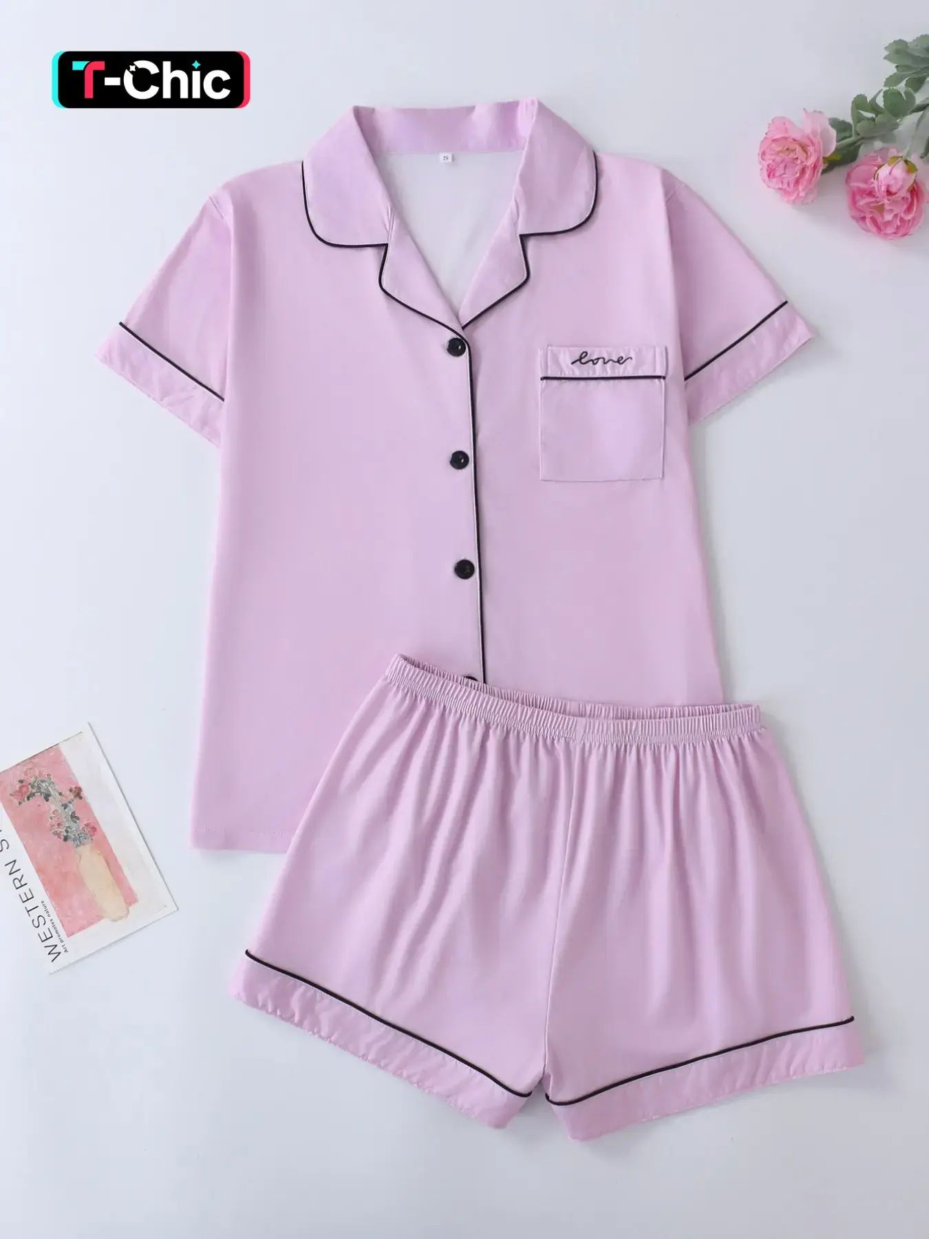 Two-Piece Lavender Pajama Set for Women, Chic Loungewear Sets, Homewear, Pjs, Pyjamas, Womenswear, Unique Pocket Embroidery, Loose Button Front, Short Sleeve Top and Shorts, Elegant Sleepwear, Casual Comfy Pyjama