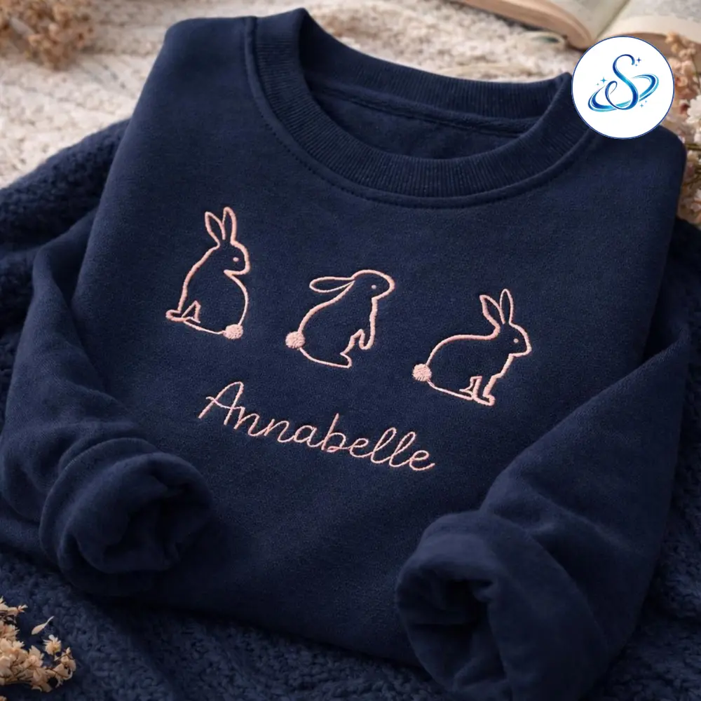Bunny Embroidered Sweatshirt, Personalized Easter Bunny Crewneck, Custom Name Kids Pullover, Cute Spring Rabbit Shirt for Toddler Girl, Easter Gift