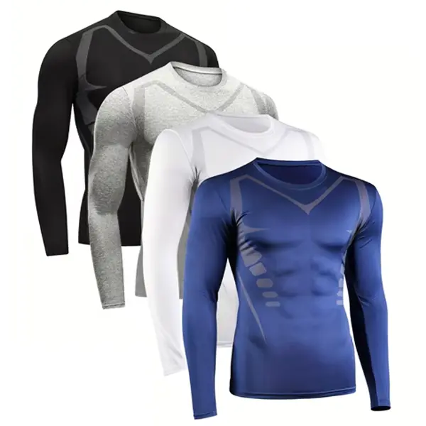 Men's 4-Piece Activewear Set with Long Sleeve Compression Shirt & Tights, Breathable Quick-Dry Workout Gear for Fitness Training, Compression Shirts, Men's Compression Shirts
