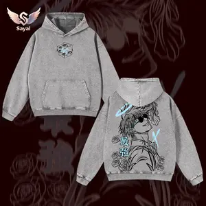 Gojo Satoru Vintage Washed Oversized Hoodie – Jujutsu Kaisen Anime Graphic Tee Merch Soft Cotton Casual Streetwear Apparel, Unisex Top, Gift for JJK Fans, Anime Aesthetic Outfit Sweatshirts Menswear Clothes Classic