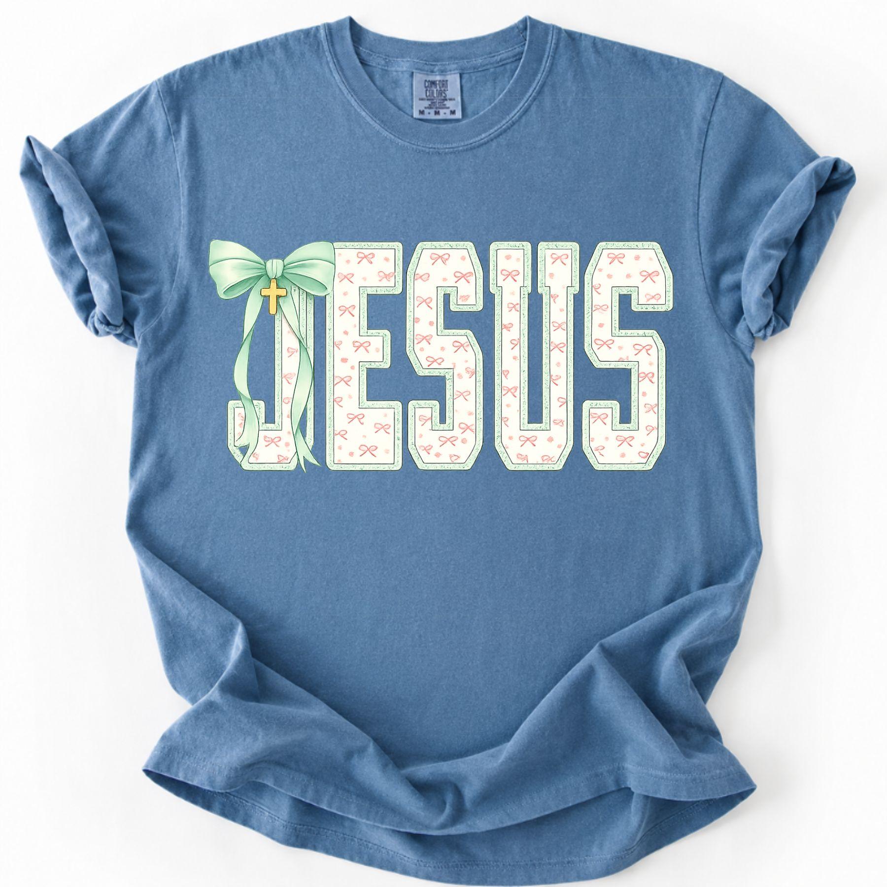 Jesus Bow Shirt, Christian Comfort Colors Tee, Coquette Faith T-Shirt, Cute Jesus Graphic Shirt, Christian Bow Shirt, Religious Gift for Women