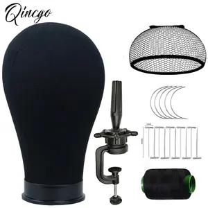 Black Canvas Block Head Mannequin Wig Head With Stand Cheap Wigs Making Display Styling Mannequin Block Head Set With Wig Caps