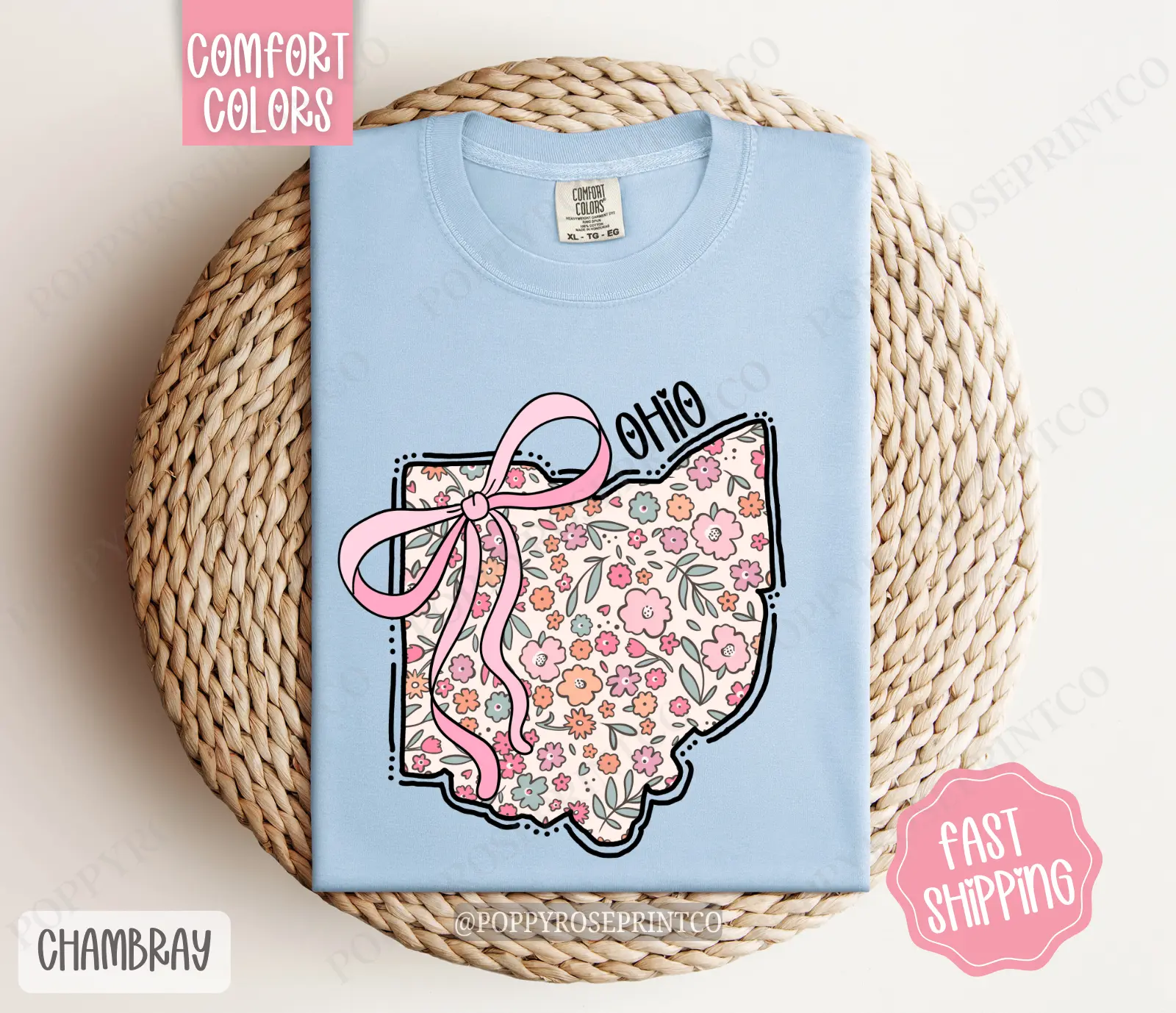 Ohio Floral Bow Comfort Colors T-shirt, Cute Trendy Tee, State Coquette Oversized Top