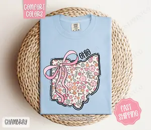 Ohio Floral Bow Comfort Colors T-shirt, Cute Trendy Tee, State Coquette Oversized Top