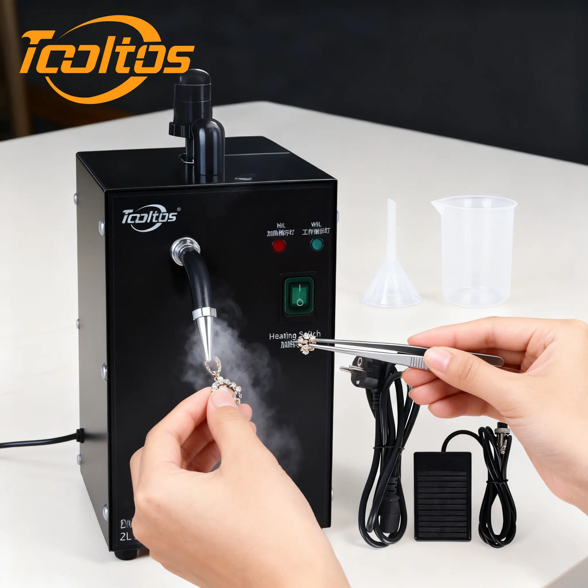 TOOLTOS 2L 1300W High Pressure Steam Cleaner for Jewelry & Dental Lab Cleaning with Exhaust Nozzle Foot Switch Beaker Funnels & Power Cable, Cleaning Set, Handheld Deep Cleaner, Steam Cleaner Accessories