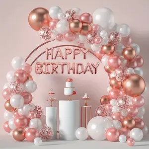 Rose Gold Balloon Garland Arch Kit - 120pcs 5/12/18 Inch Rose Gold & White Confetti Balloons for Birthday, Wedding, Engagement, Princess Party Decorations - Includes Arch Supplies for Women & Girls Events
