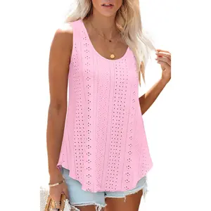 Womens Tank Tops Sleeveless Eyelet Embroidery Scoop Neck Loose Fit Casual Summer Flowy