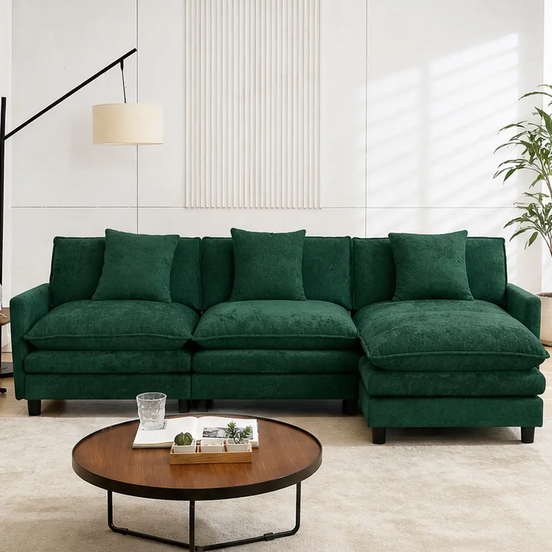 ARCH 108in L-Shaped Modular Luxury 6-Seater Chenille Fabric Upholstered Comfy Couch, Minimal Chic Living Room Sofa with Square Arms, Soft Foam Filling, Durable Wood Frame, Polyester Fiber Accents, Easy Assembly Required, Modern Small Space Furniture, Clea
