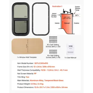 VEVOR Vertical RV Window, 12 Wx 24 H Tinted Sliding RV Window with Net Screen Trim Ring, Fit 15/16 - 1 3/4 Thickness Wall, RV Window Replacement for Teardrop Cargo Trailer Camper, DOT Approved