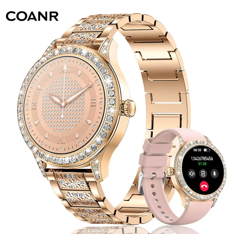 COANR Air 1 Women's smartwatch, Android/iPhone compatible, IP68 water-resistant fitness tracker, supports Bluetooth calls (Answer & Make), activity tracker/heart rate/oximeter monitor/100+ exercise modes, diamond-laden luxurious appearance Wearable