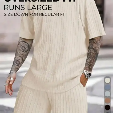 Men's Loose Fit 2-Piece Summer Set, Oversized Textured Knit Tee with Relaxed Fit Drawstring Shorts