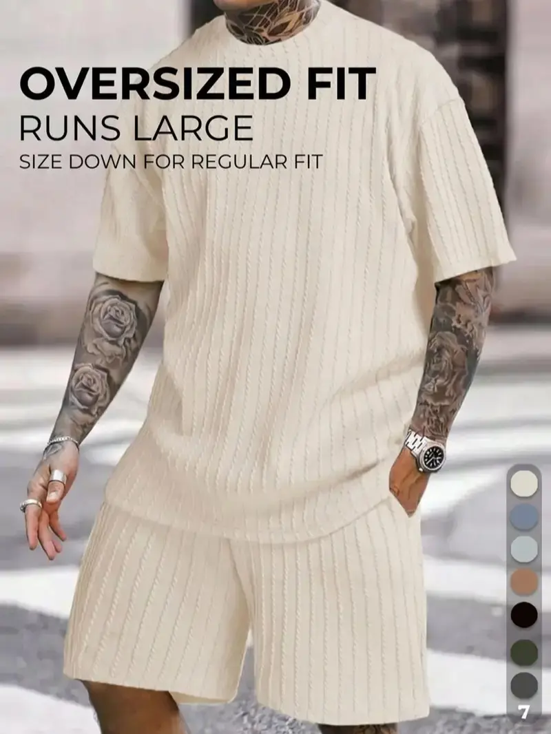 Men's Loose Fit 2-Piece Summer Set, Oversized Textured Knit Tee with Relaxed Fit Drawstring Shorts