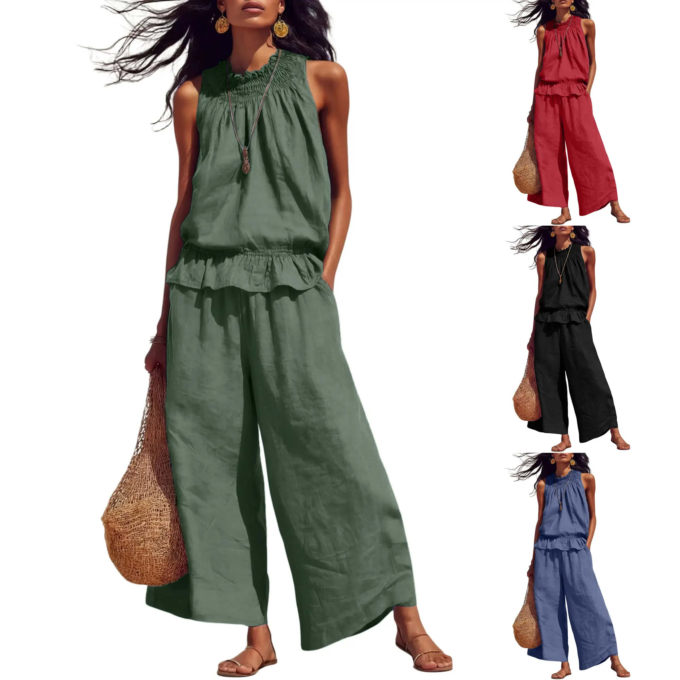 Molitree Women's Linen 2 Piece Outfits Sleeveless Ruffle Top Wide Leg Pants Summer Loungewear Beach Travel Sets