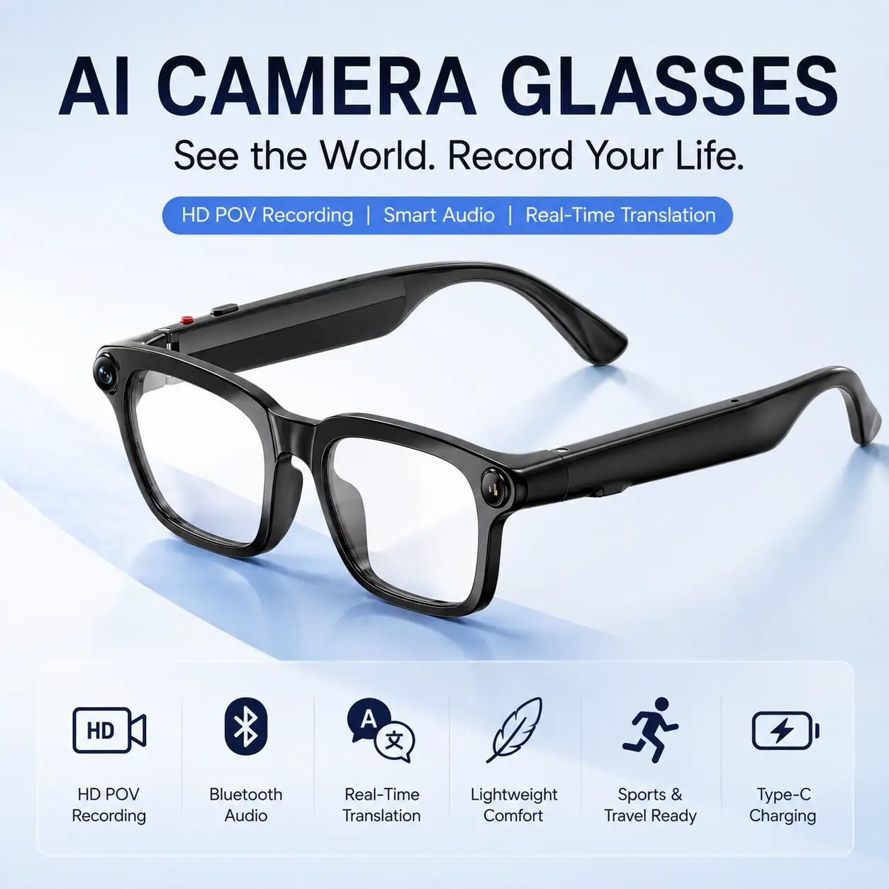 Smart AI Camera Glasses with HD POV Recording, Bluetooth Audio, Real-Time Translation, Type-C Charging & Cam for Travel, Sports Use
