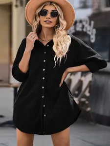 Button Front Long Sleeve Mini Shirt Dress