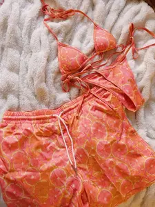 Couple Matching Swimwear Set Pink Citrus Bikini & Men Swim Trunks 3PCS Beach Outfit Summer Vacation Pool Party Swimsuit Set