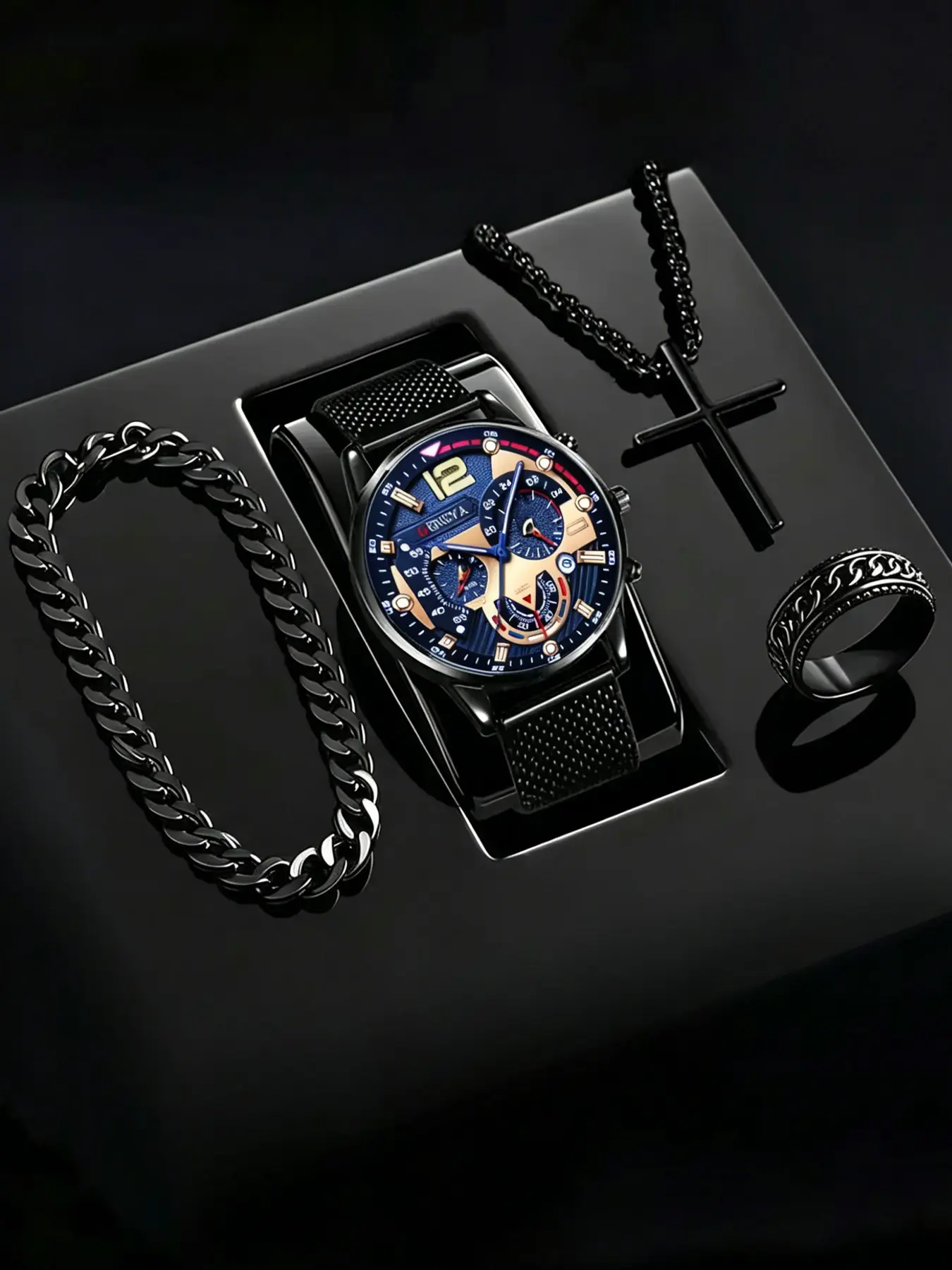 Fashionable and casual business Quartz Analog wristwatch+versatile cross steel strap necklace bracelet set Trendy watch set Analog Quartz Movement Accessories Set